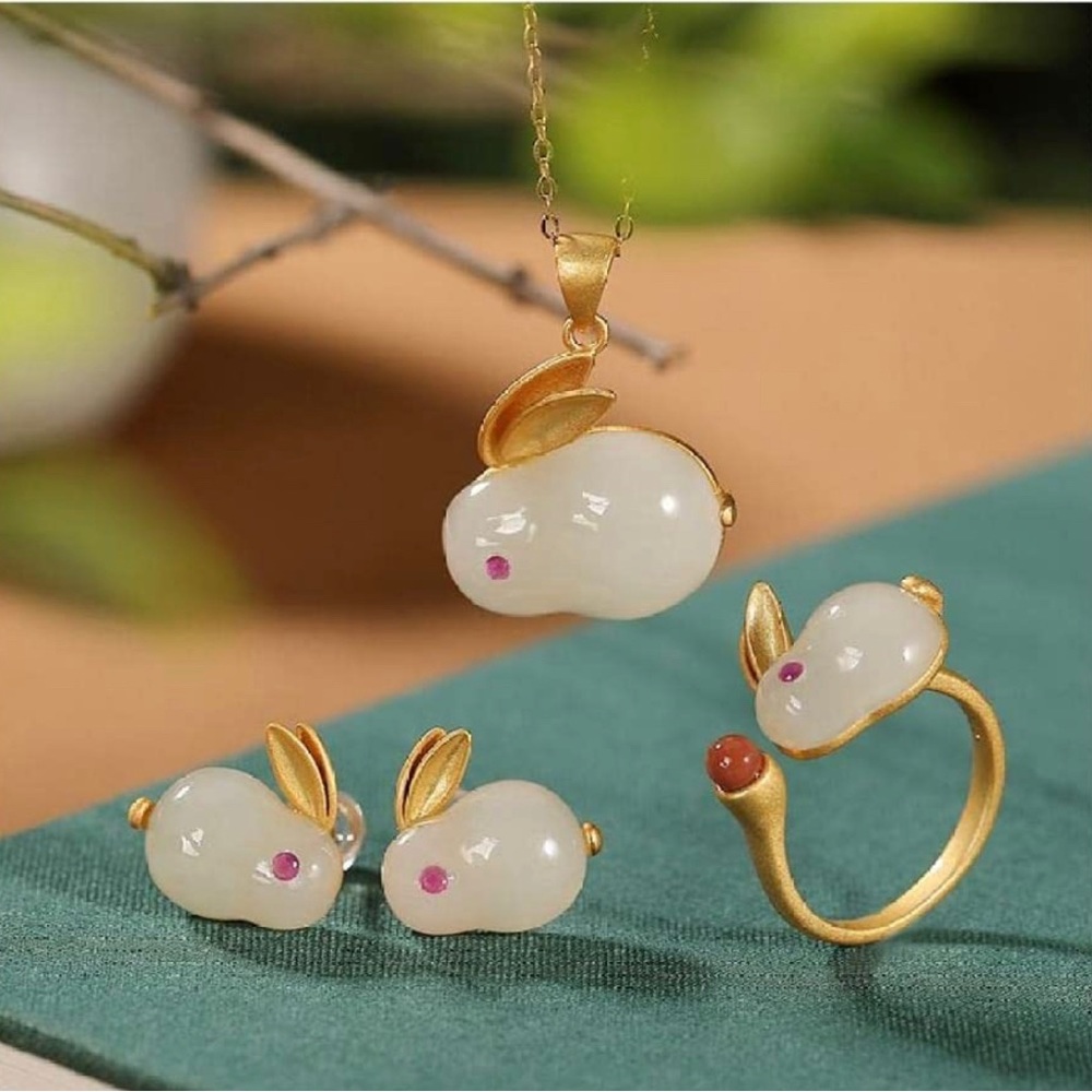 #YearoftheRabbit , Earrings, Adjustable Ring, Necklace with pendant. Gold Plated
